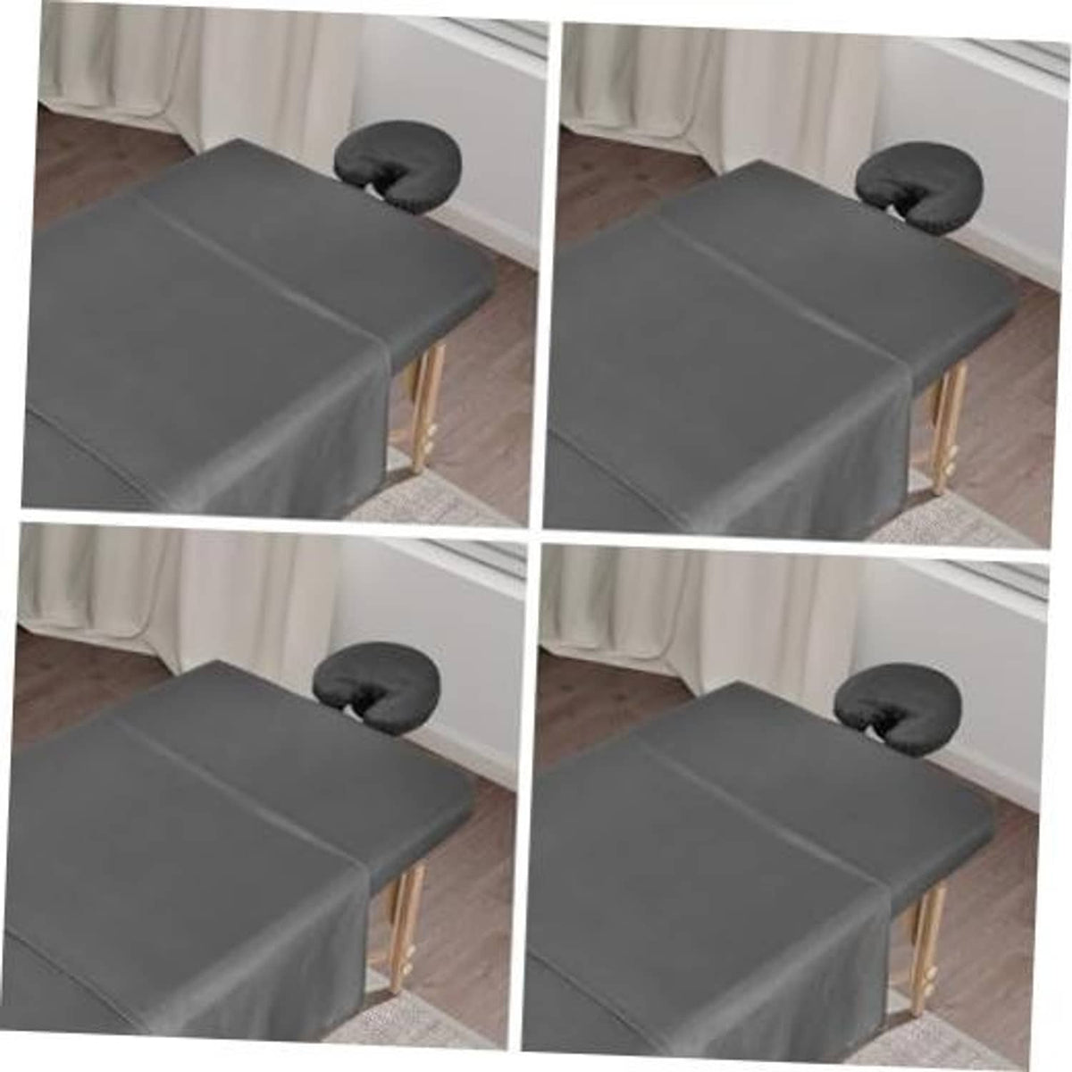 Grey massage table sheet set draped over table with matching headrest pillow cover