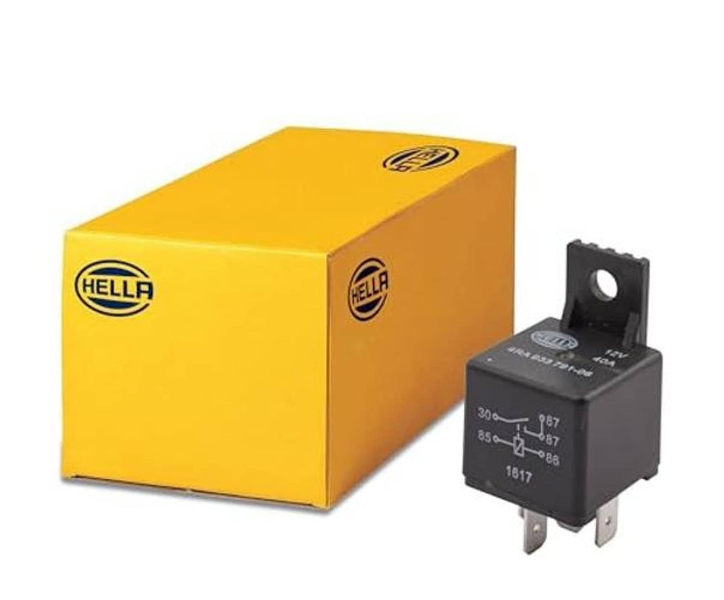 Hella yellow box with black 12V mini ISO relay and 5-pin terminals