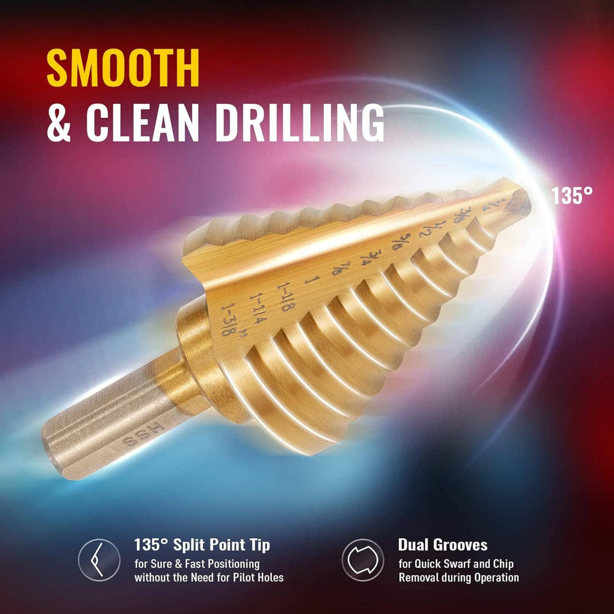 Gold titanium step drill bit with stepped cutting edges and size markings