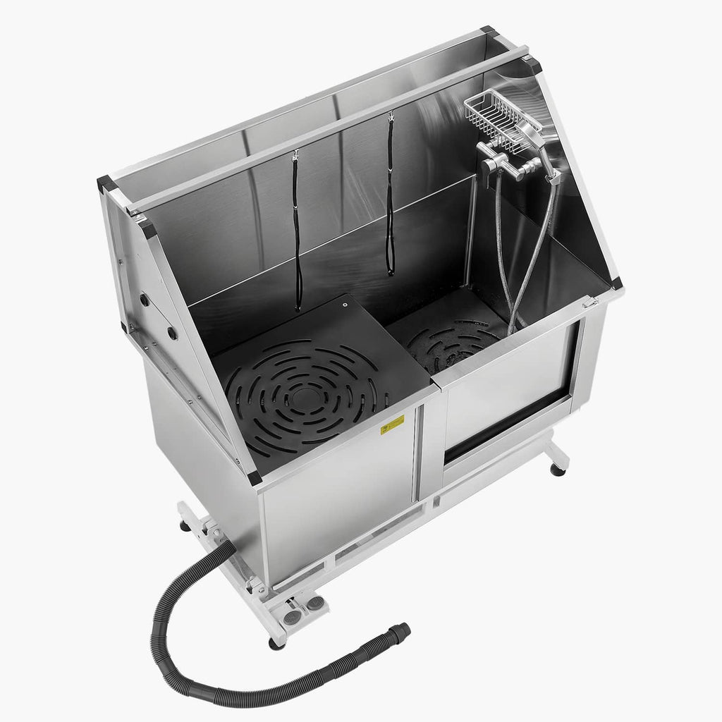 Stainless steel electric pet grooming bath tub with black non-slip base and hose connection