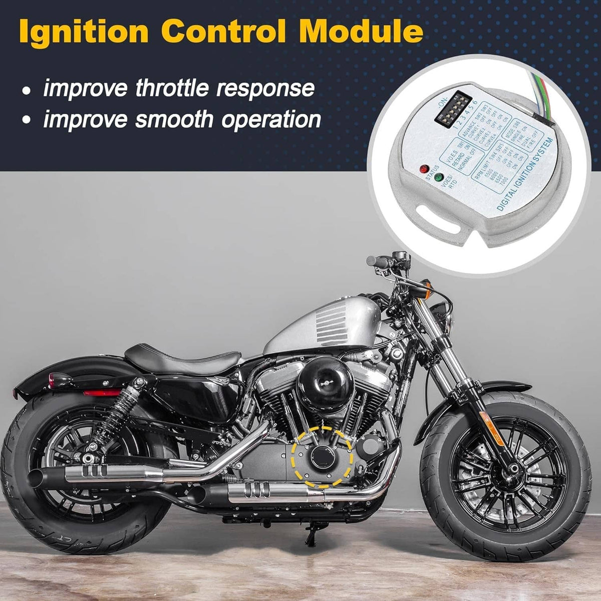 Ignition control module with multi-color wiring harness shown on a motorcycle