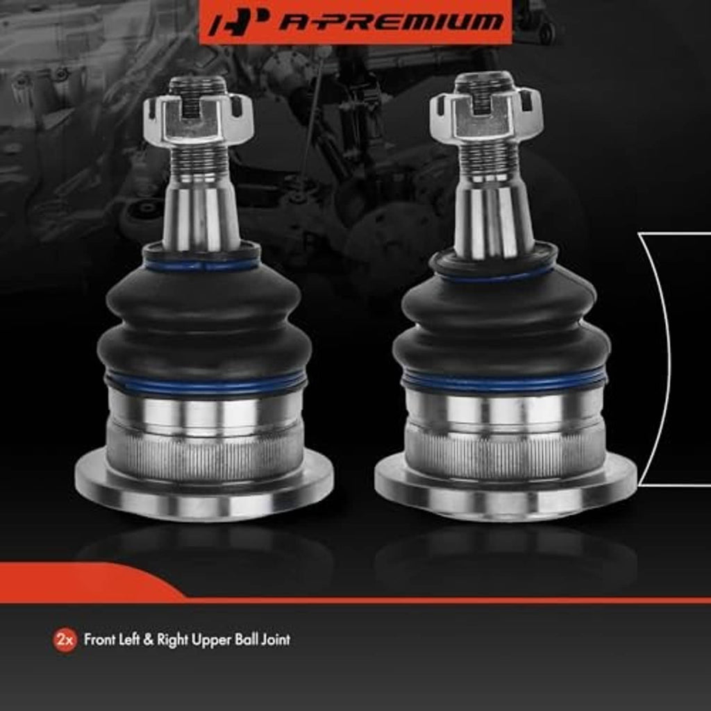 Two front upper ball joints side by side with rubber dust boots and threaded tops