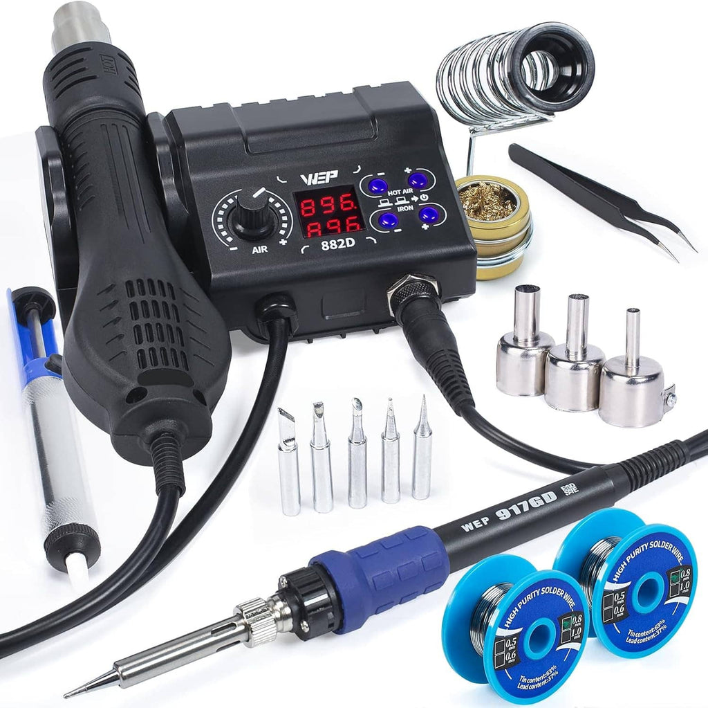 Hot air rework and soldering iron station kit with control unit, nozzles, and solder rolls