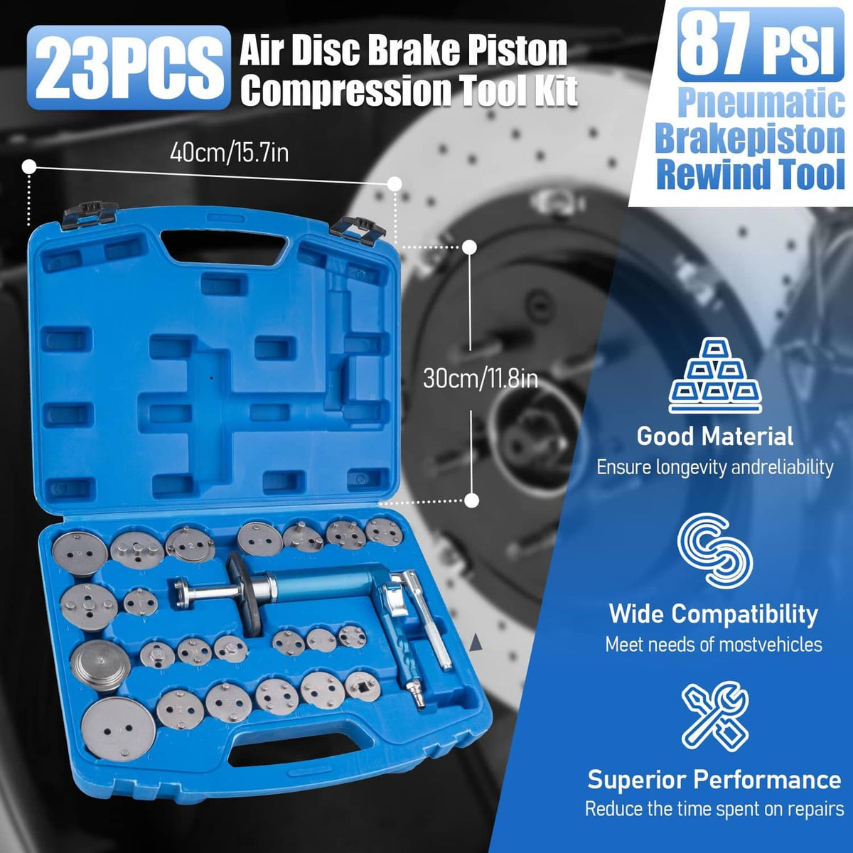 Open blue case with pneumatic brake disc piston compression tool and round adapter discs