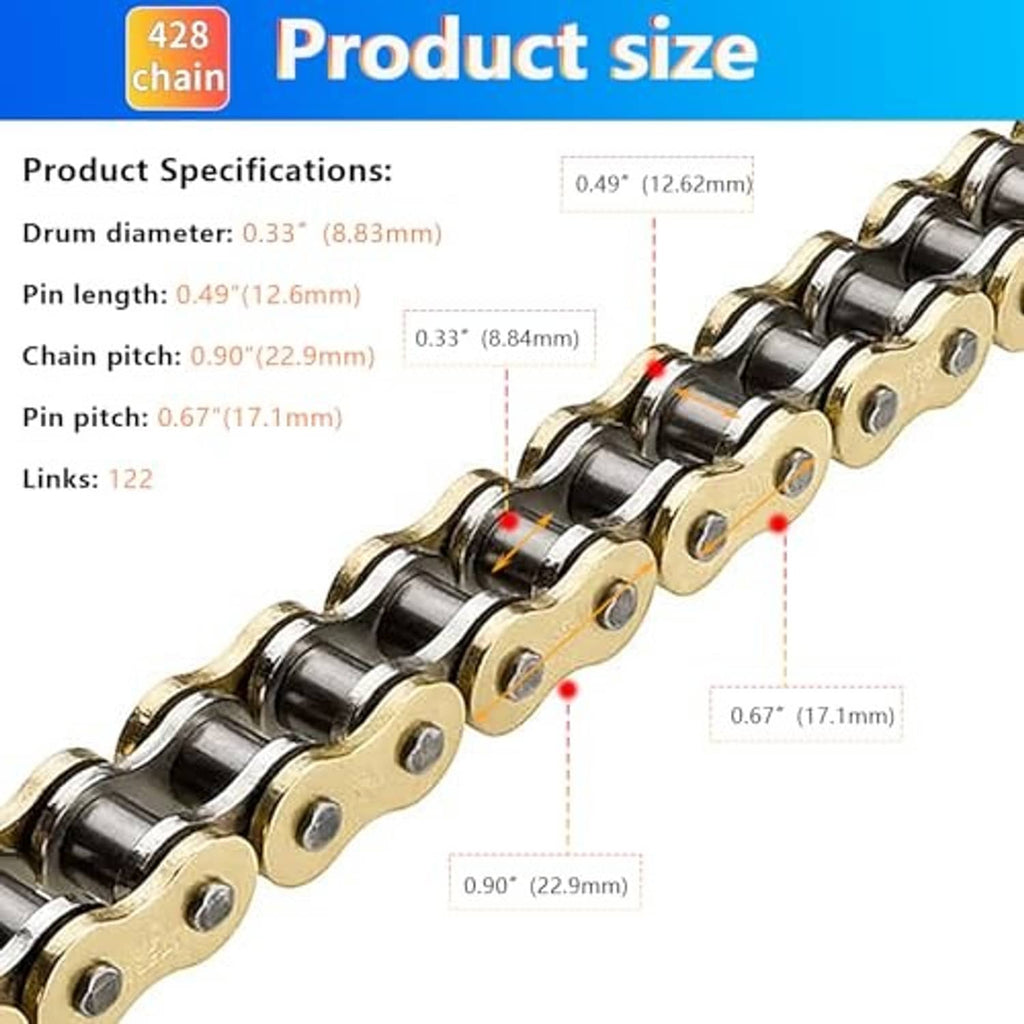 Gold 428 roller chain with product size diagram and connector pin inset
