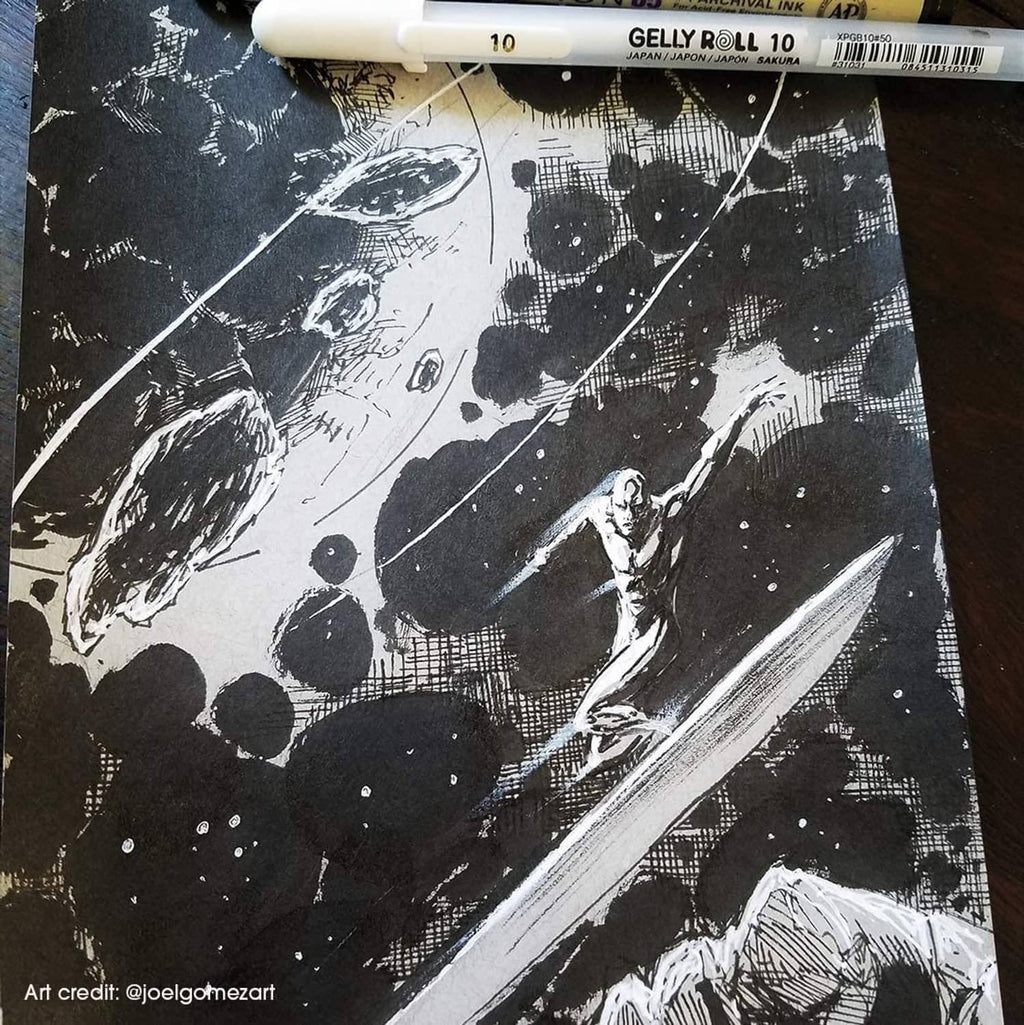 White gel pen making bold opaque ink marks on dark textured paper.