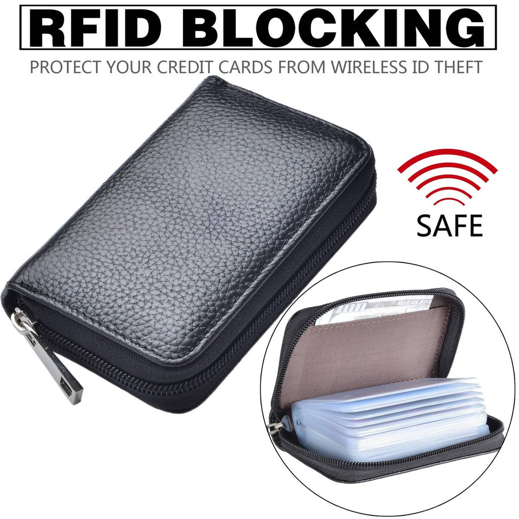 Black leather zip card wallet with RFID blocking and cards stored inside