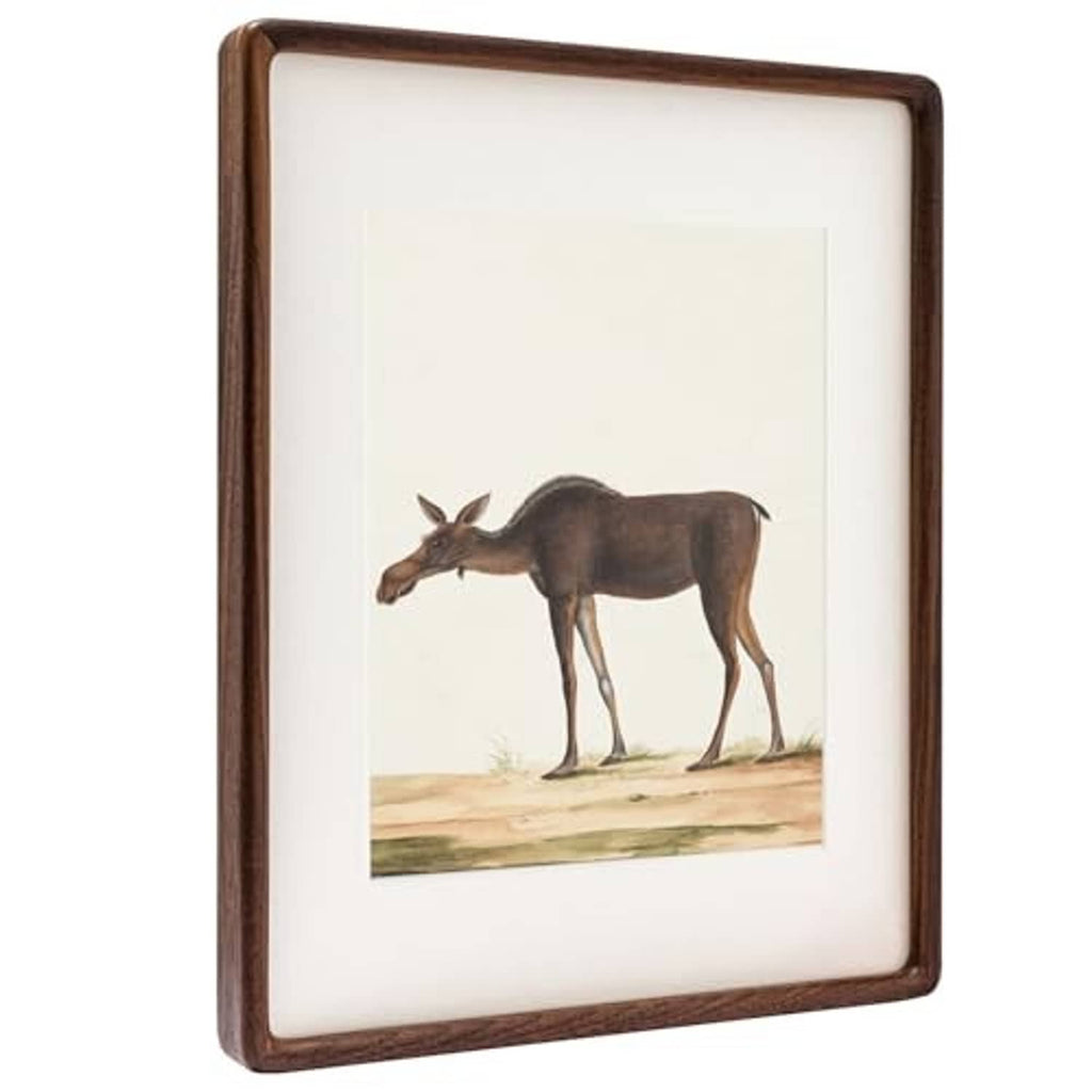 Walnut wood picture frame holding a deer illustration print on a light background