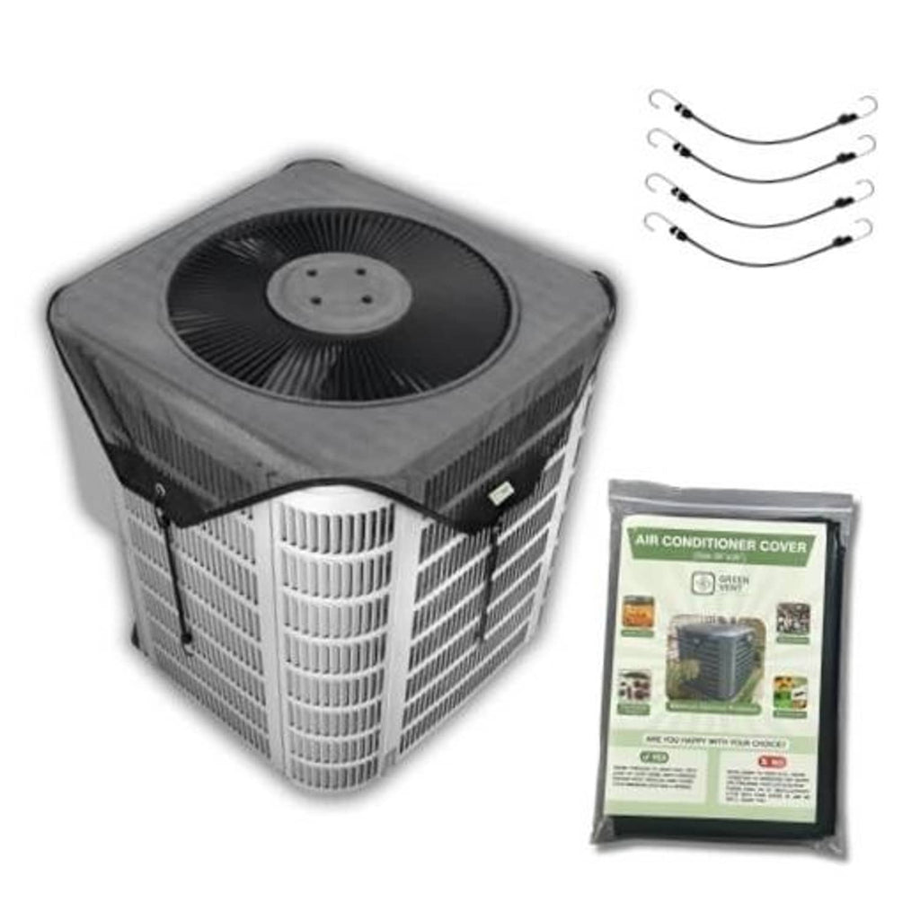 Outdoor central AC unit cover with top-mounted mesh screen and bungee straps