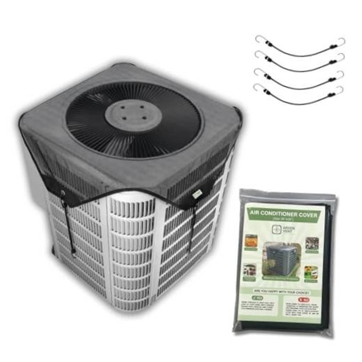 Outdoor central AC unit cover with top-mounted mesh screen and bungee straps