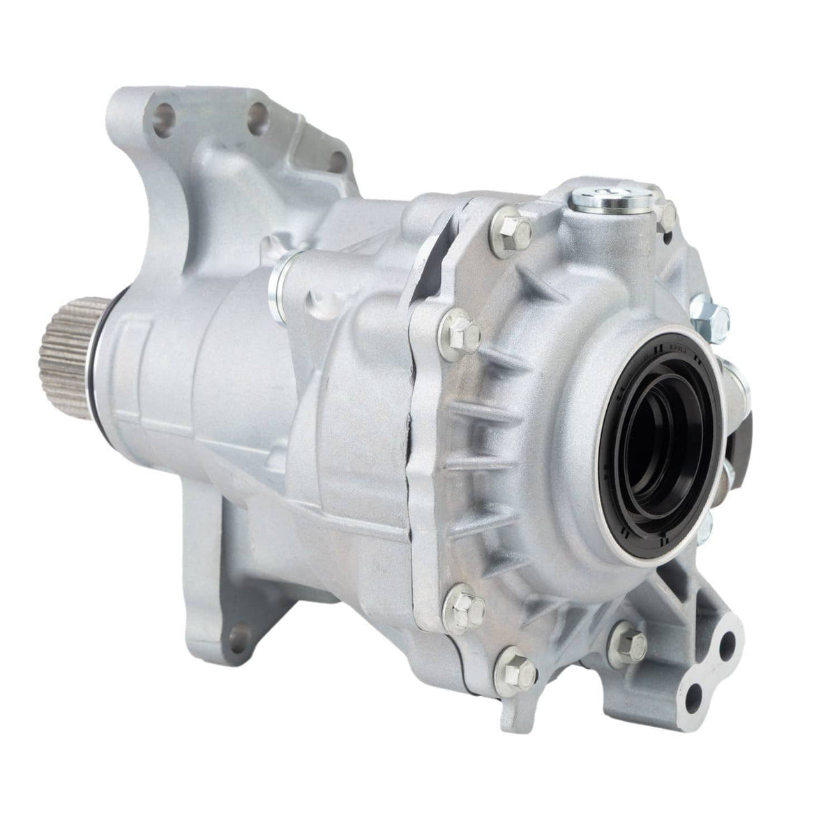 Transfer case assembly with side port, circular seal opening, and metal body