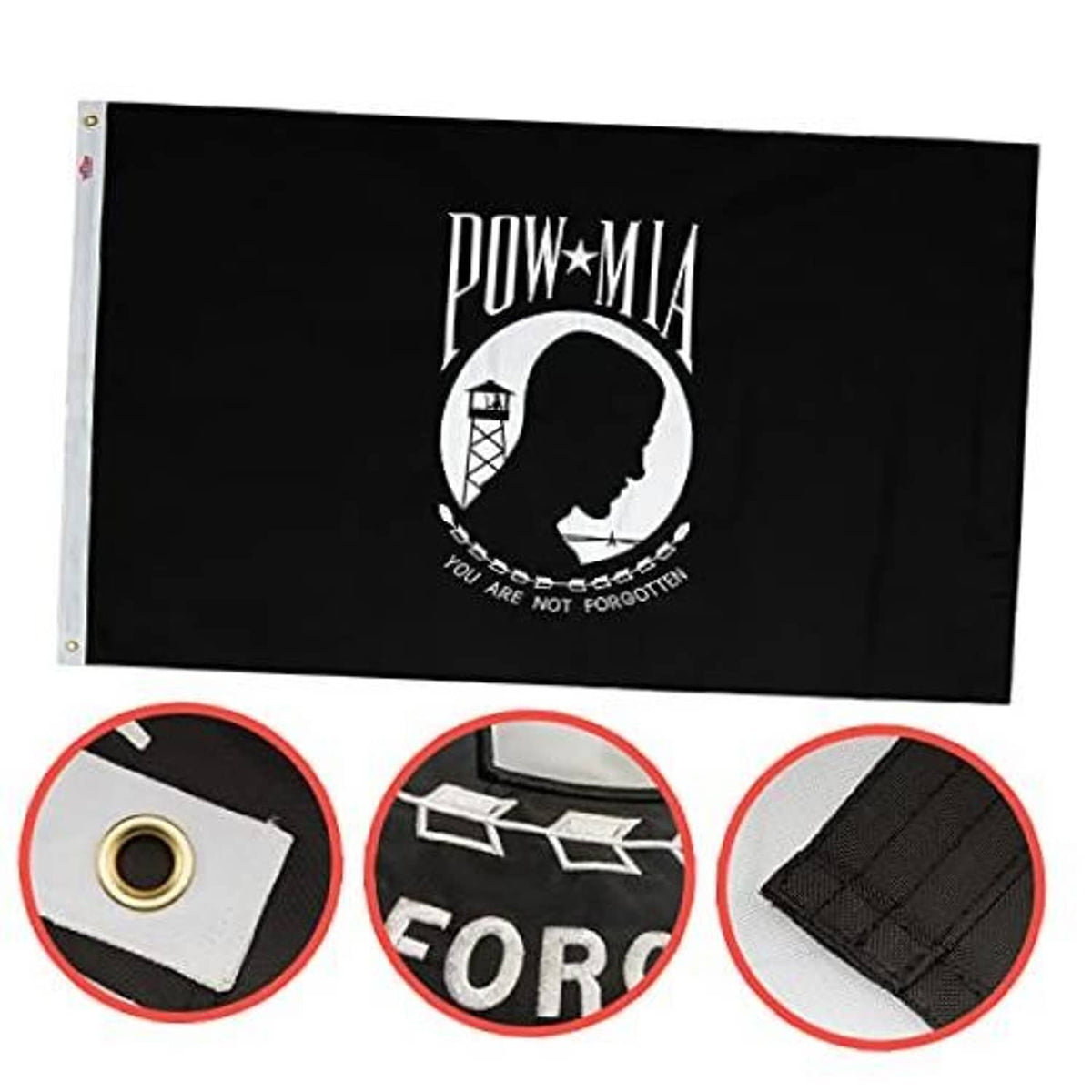 Embroidered POW-MIA flag with black fabric and POW-MIA logo, “YOU ARE NOT FORGOTTEN”