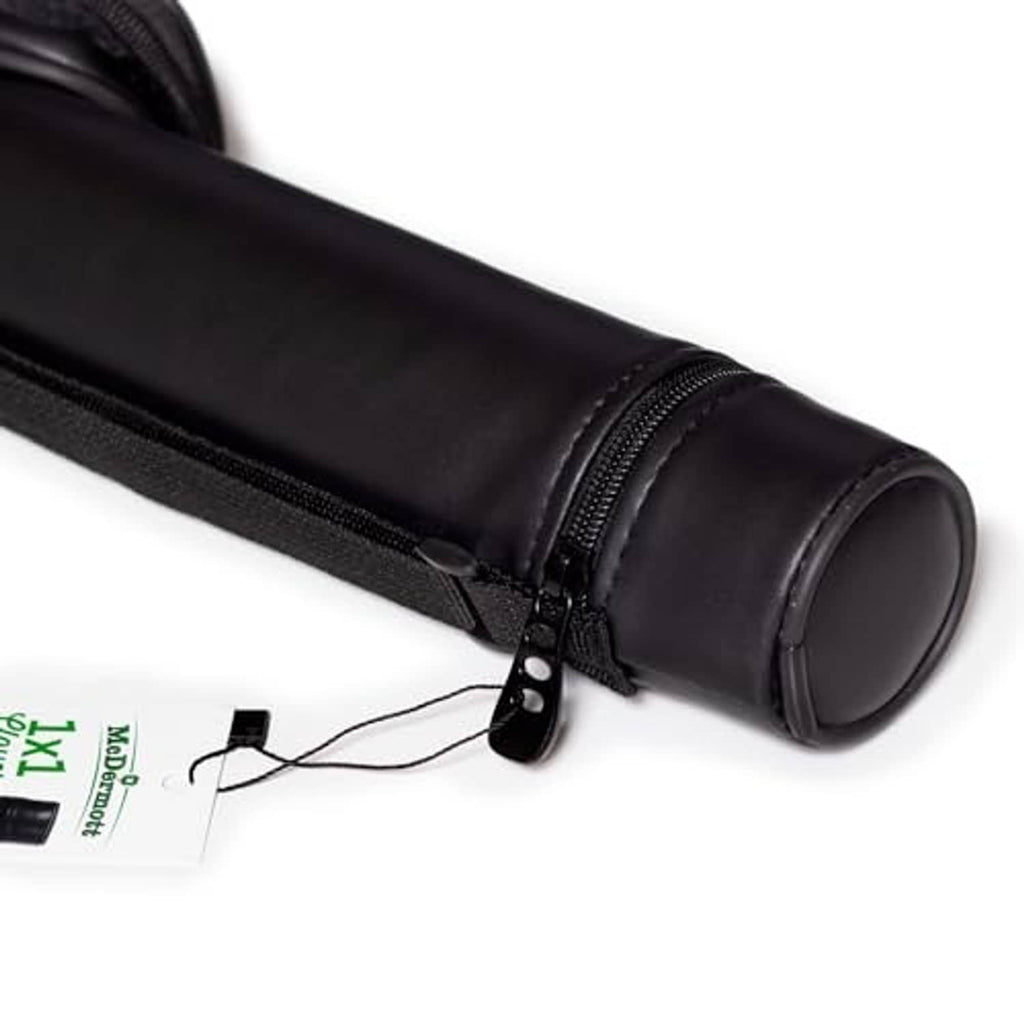 Black cue case end with zipper, fabric strap, and round rim