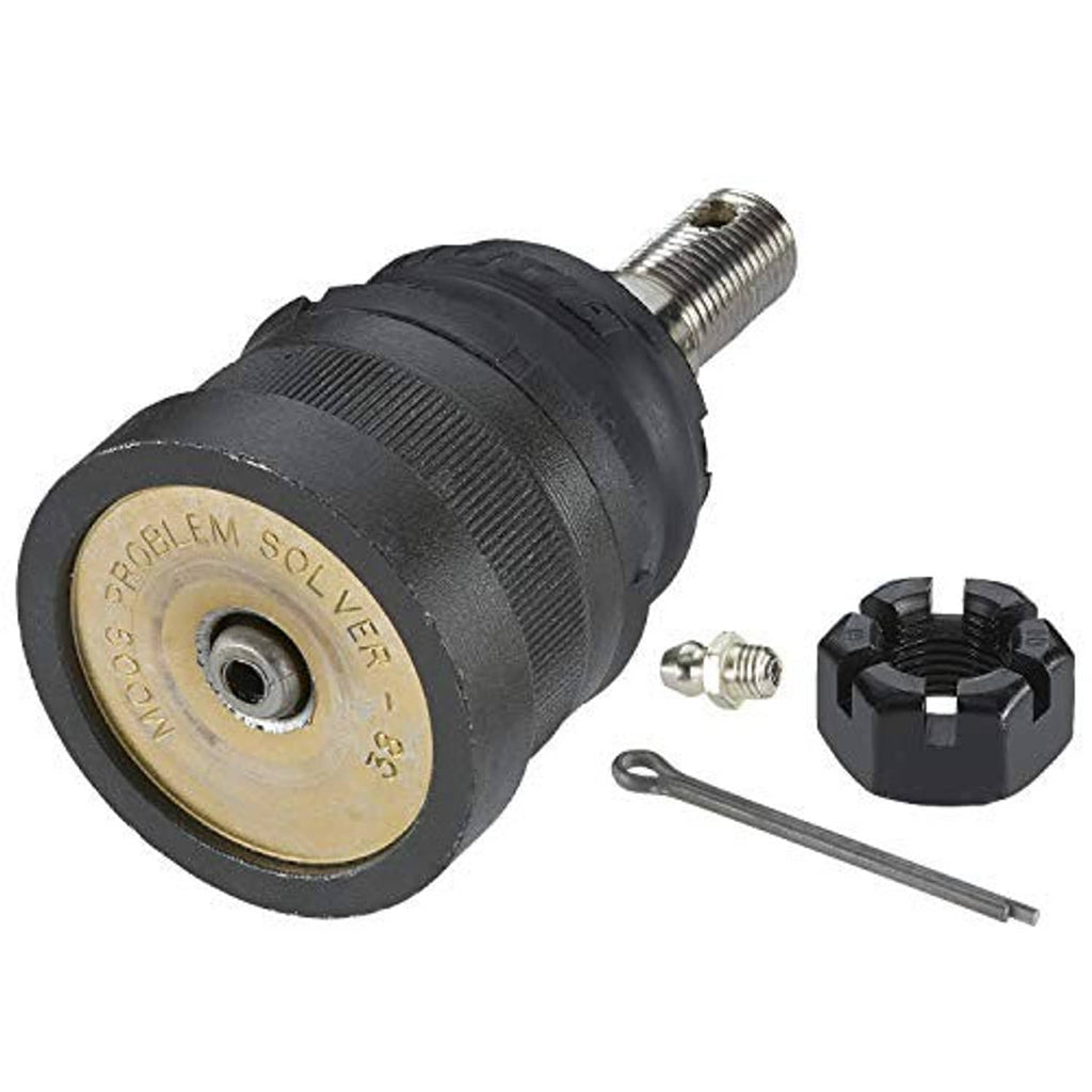 Front suspension ball joint with black boot and gold metal housing, with hardware