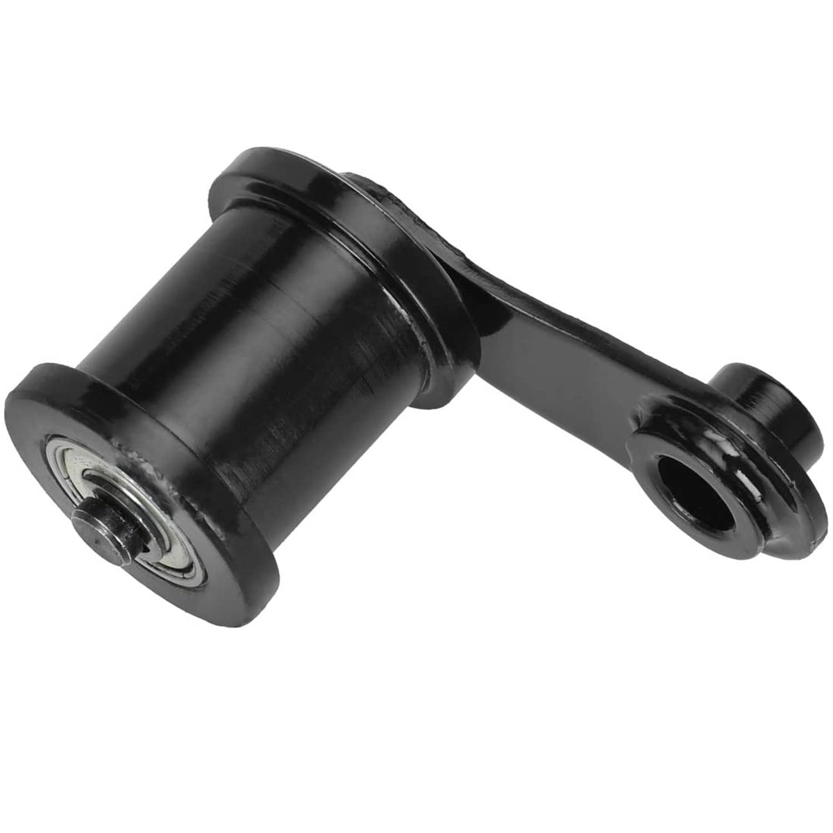 Black mini bike chain tensioner roller with hinged mounting bracket and side plate