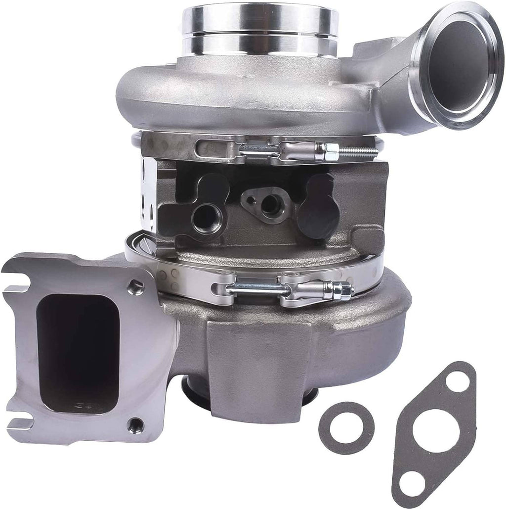 Turbocharger side view with air outlet, mounting bracket, and gasket pair