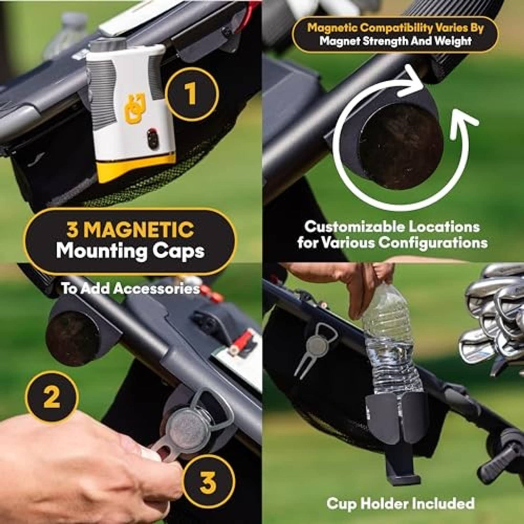 Golf push cart magnetic mounting caps and cup holder included for flexible accessory setup.
