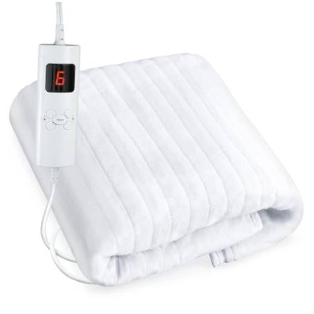 Electric massage table heating pad, white quilted pad with controller displaying heat level