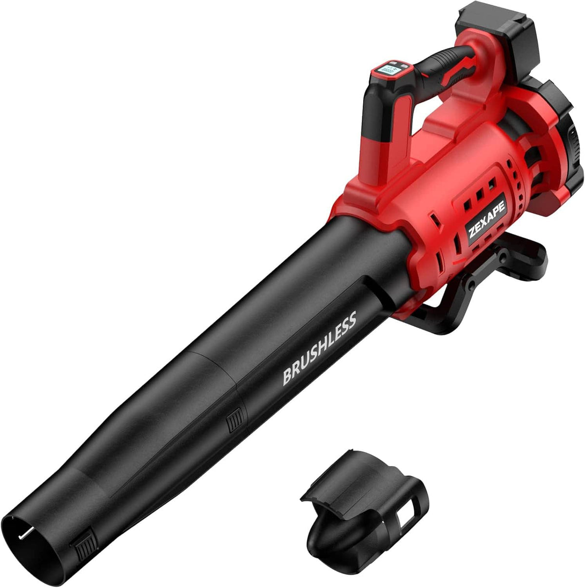 Cordless leaf blower with red and black casing, long tube, and side nozzle piece