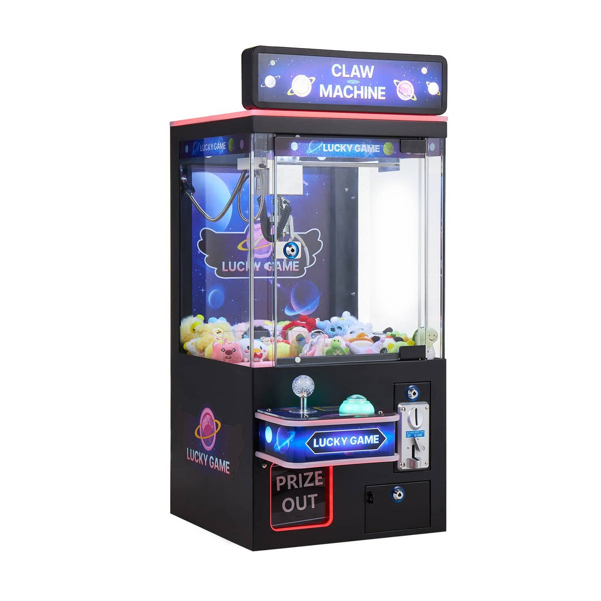 Black claw crane machine with clear front window, blue LED lights, and prize out button