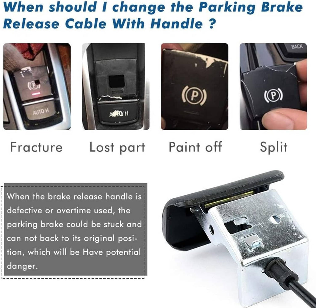 Parking brake release handle with cable and metal mounting bracket close-up
