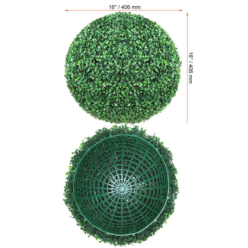 Green artificial topiary ball front and side view with size markings
