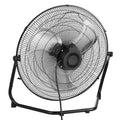 Black floor fan with metal wire grille and 3-blade propeller on a sturdy stand