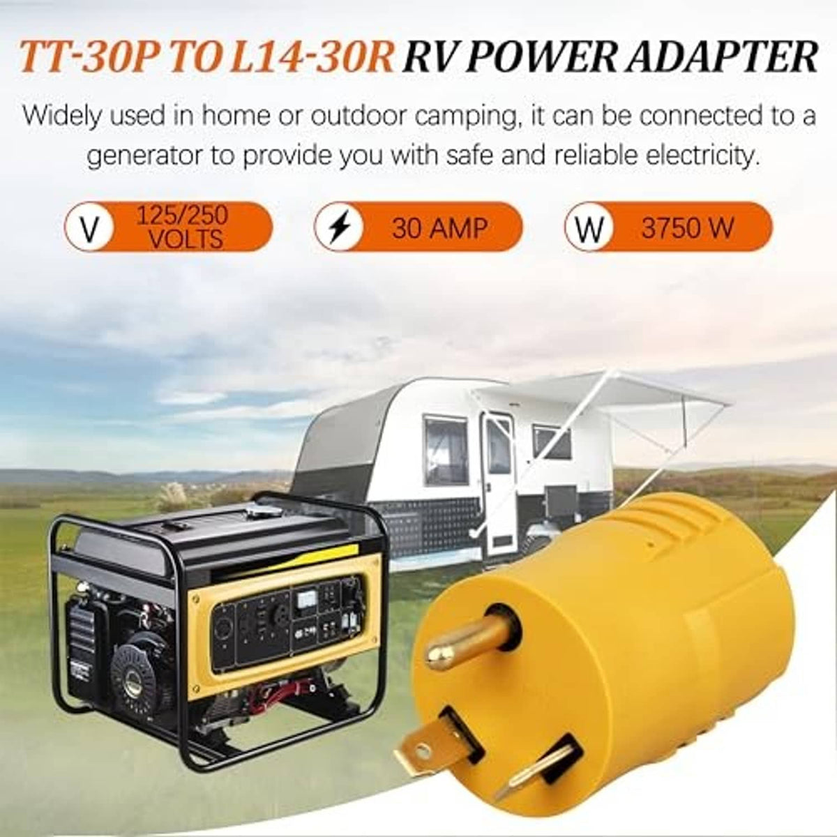 Yellow TT-30P to L14-30R RV power adapter with 3-prong male plug and locking end