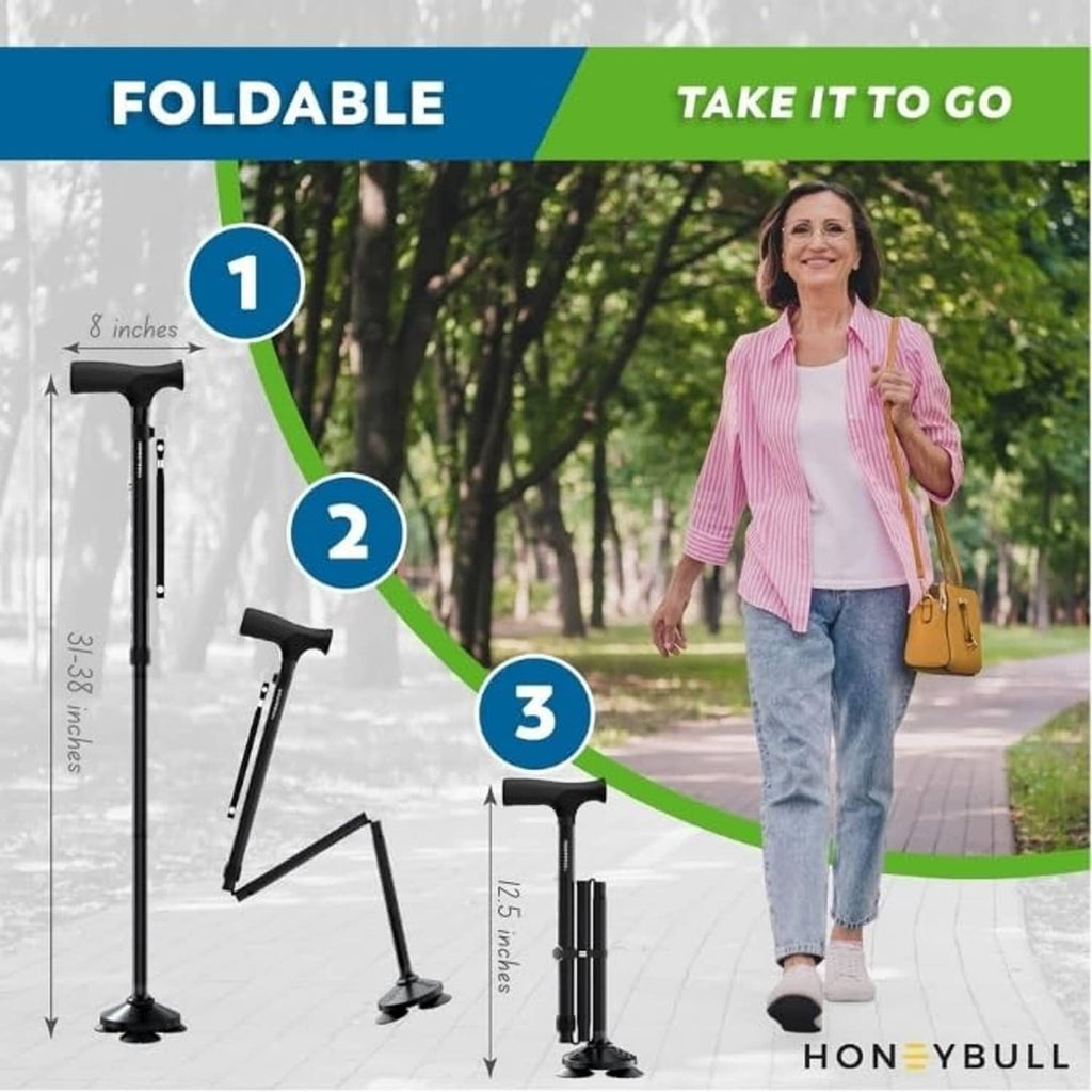 Foldable walking cane shown in steps, with adjustable height and quad base