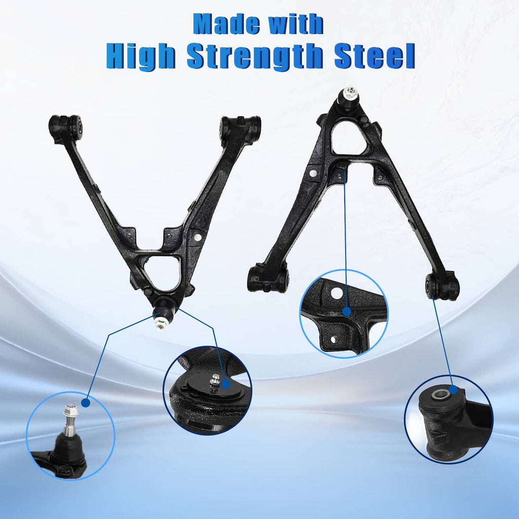Pair of front control arms with ball joints and rubber bushings; black steel construction