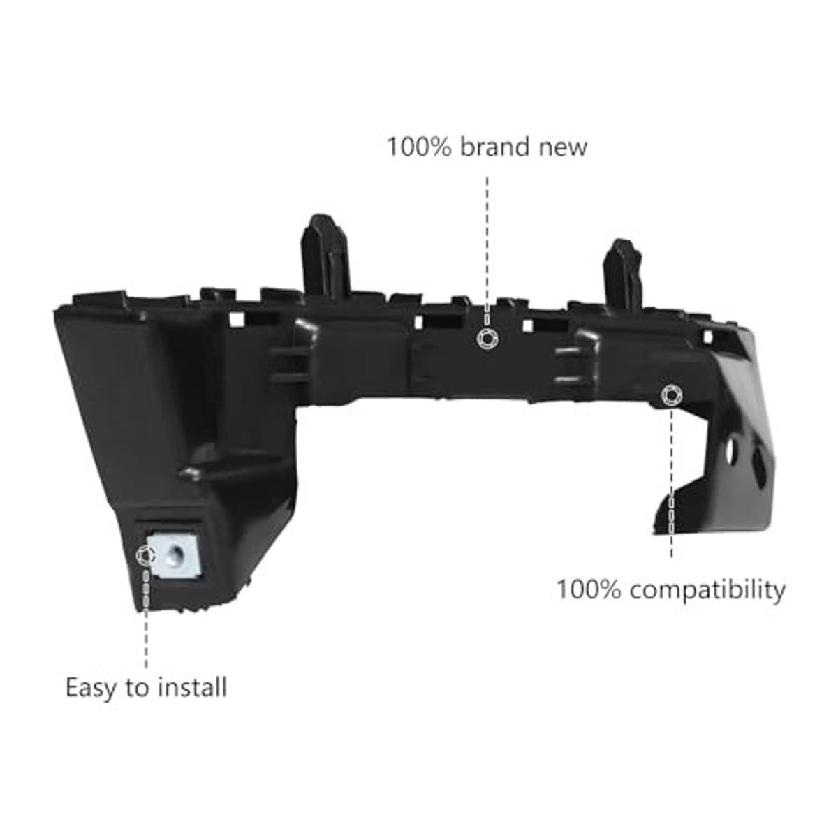 Black front bumper cover support retainer bracket pair with labeled compatibility points