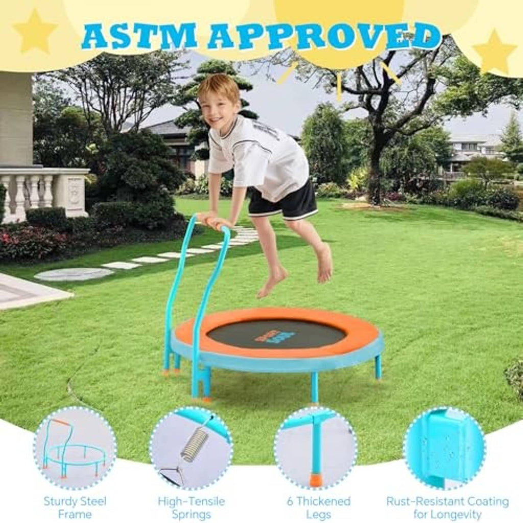 Kids mini trampoline for outdoor play with foam handle, orange jump mat