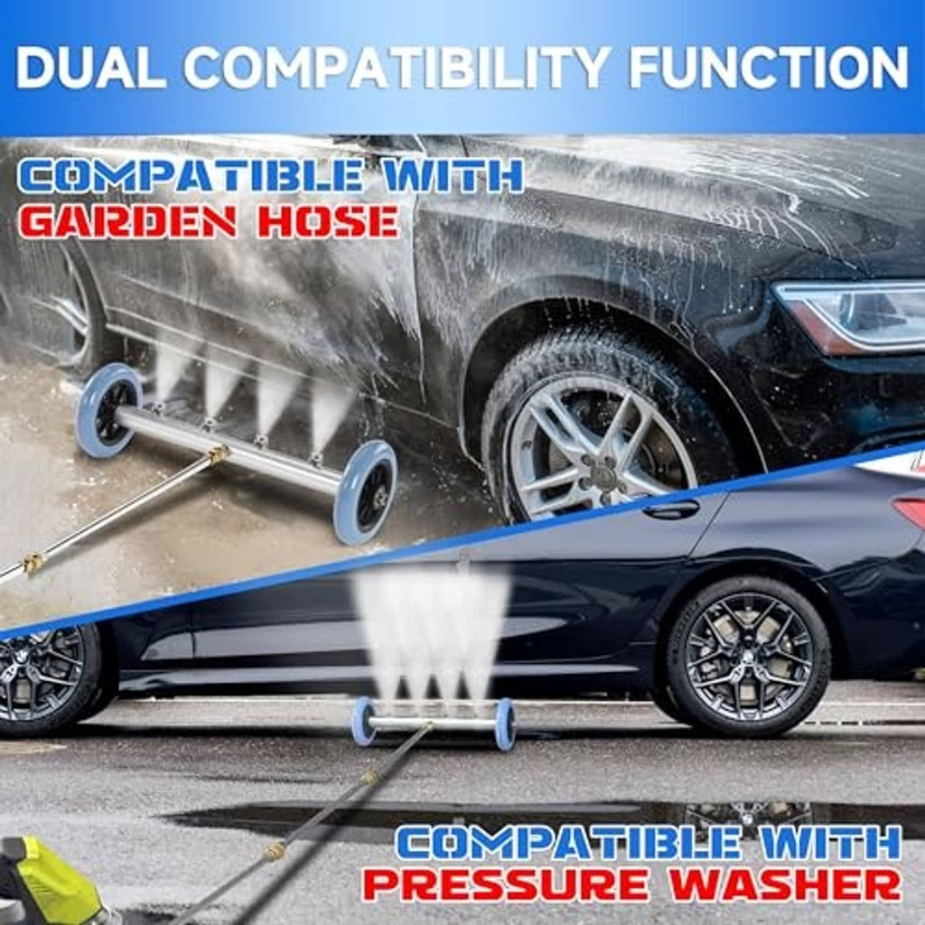 Undercarriage pressure washer extension wand spraying water under a car