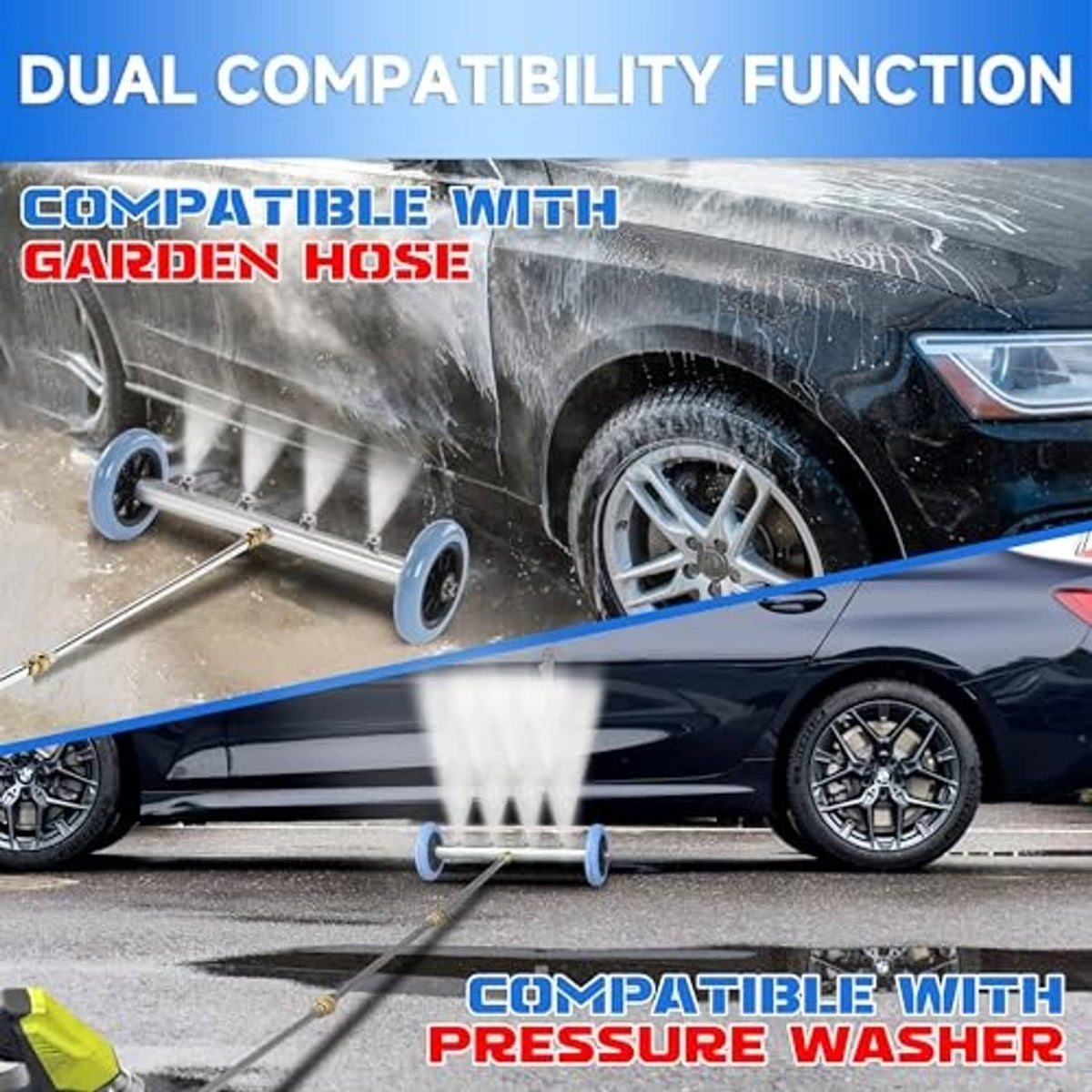 Undercarriage pressure washer extension wand spraying water under a car