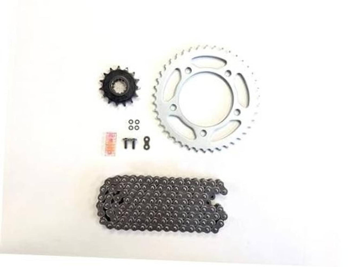 Motorcycle drive chain and sprocket kit set with chain, rear sprocket, pinion gear