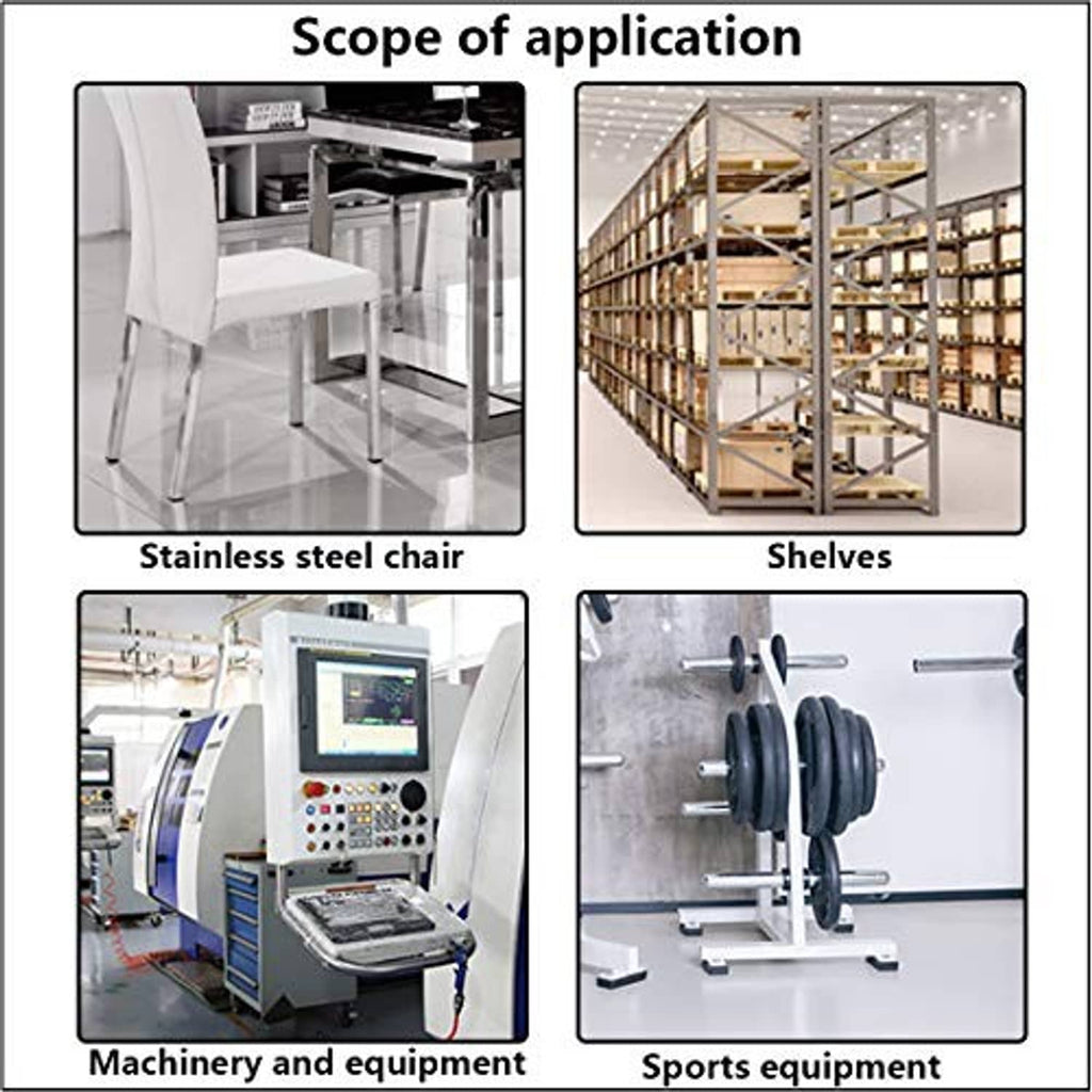 Black round pipe end caps shown on chair legs, shelves, and equipment tubing