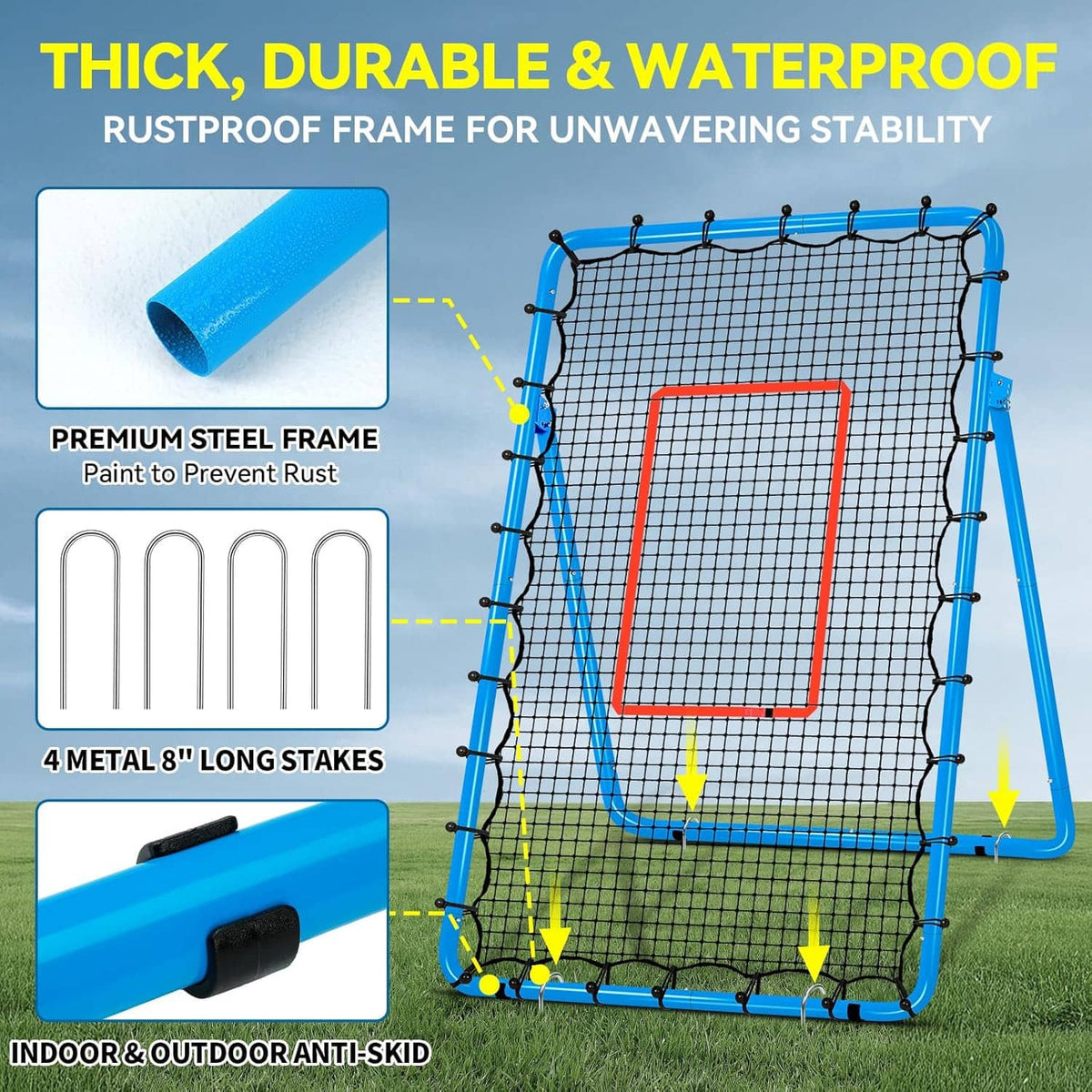 Outdoor volleyball rebounder net with blue steel frame and metal ground stakes