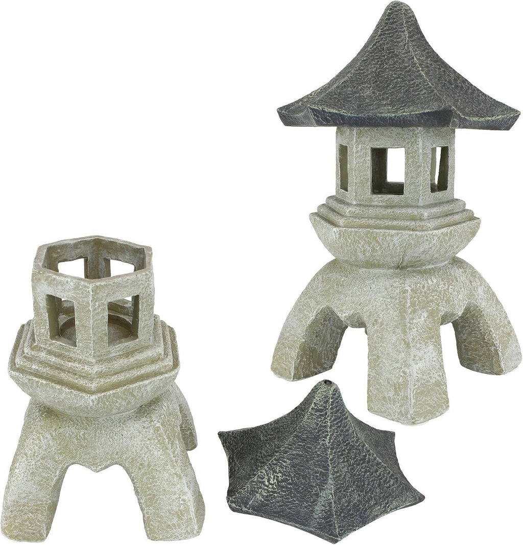 Set of 2 large cast stone pagoda lantern statues, front views with open window details