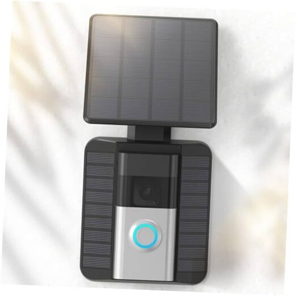 Solar-powered doorbell charger with foldable black solar panel and front indicator light