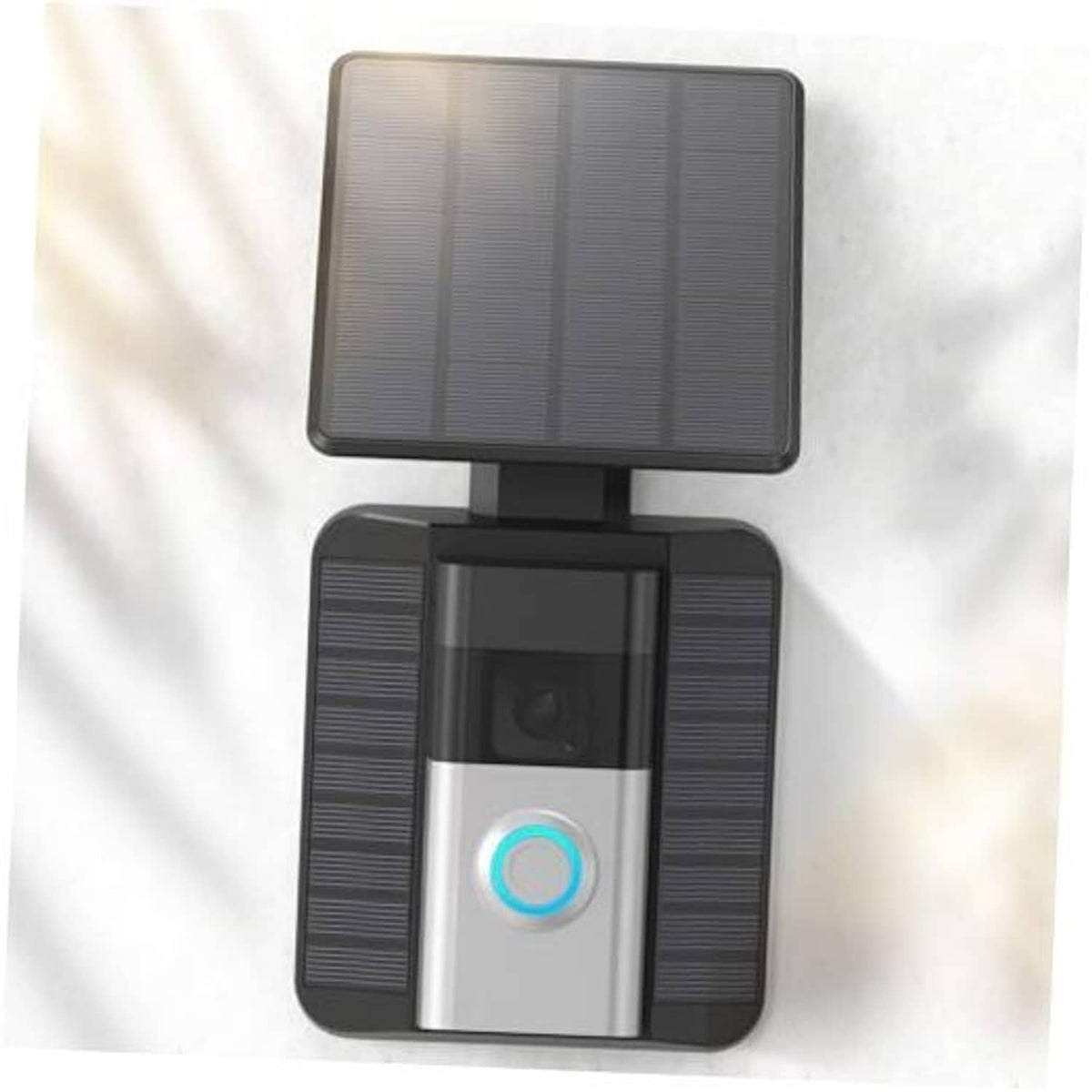 Solar-powered doorbell charger with foldable black solar panel and front indicator light