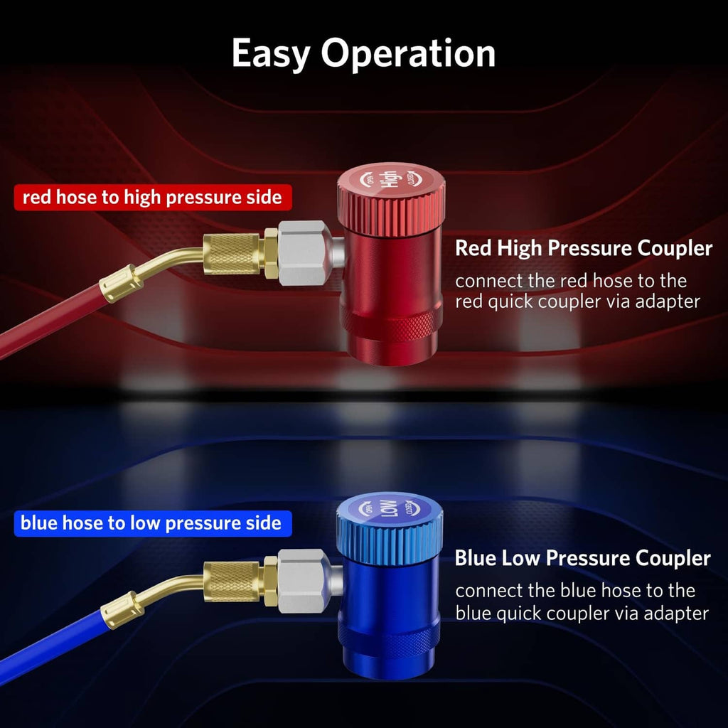 Red and blue quick coupler adapters with brass hose connectors for A/C service