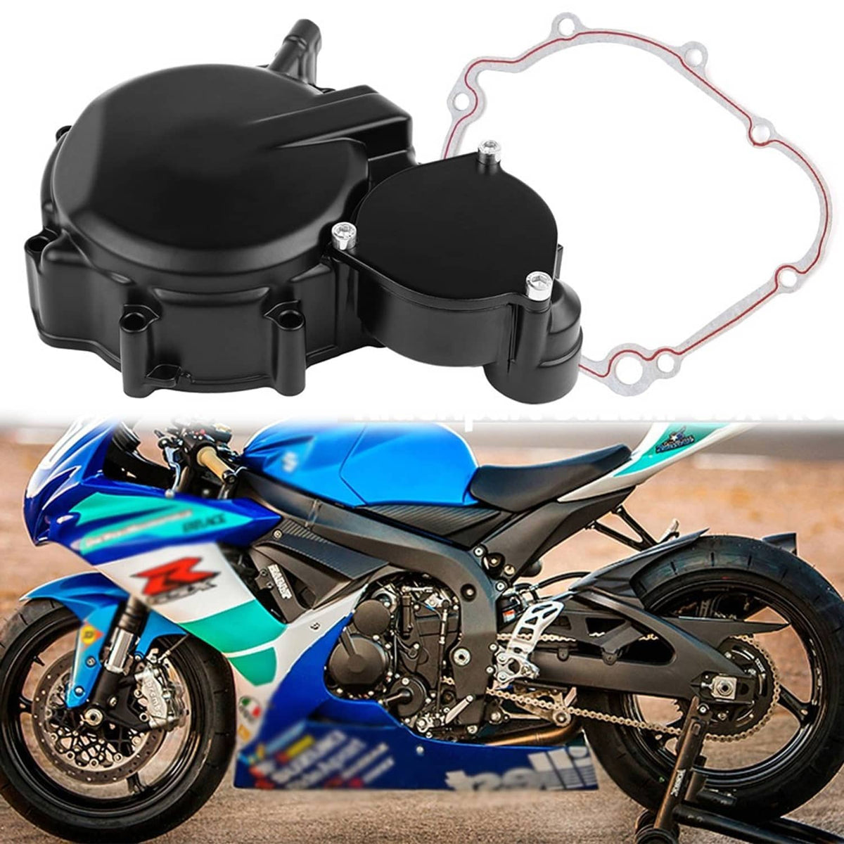 Black engine crankcase cover set with red-and-white gasket pieces for left side