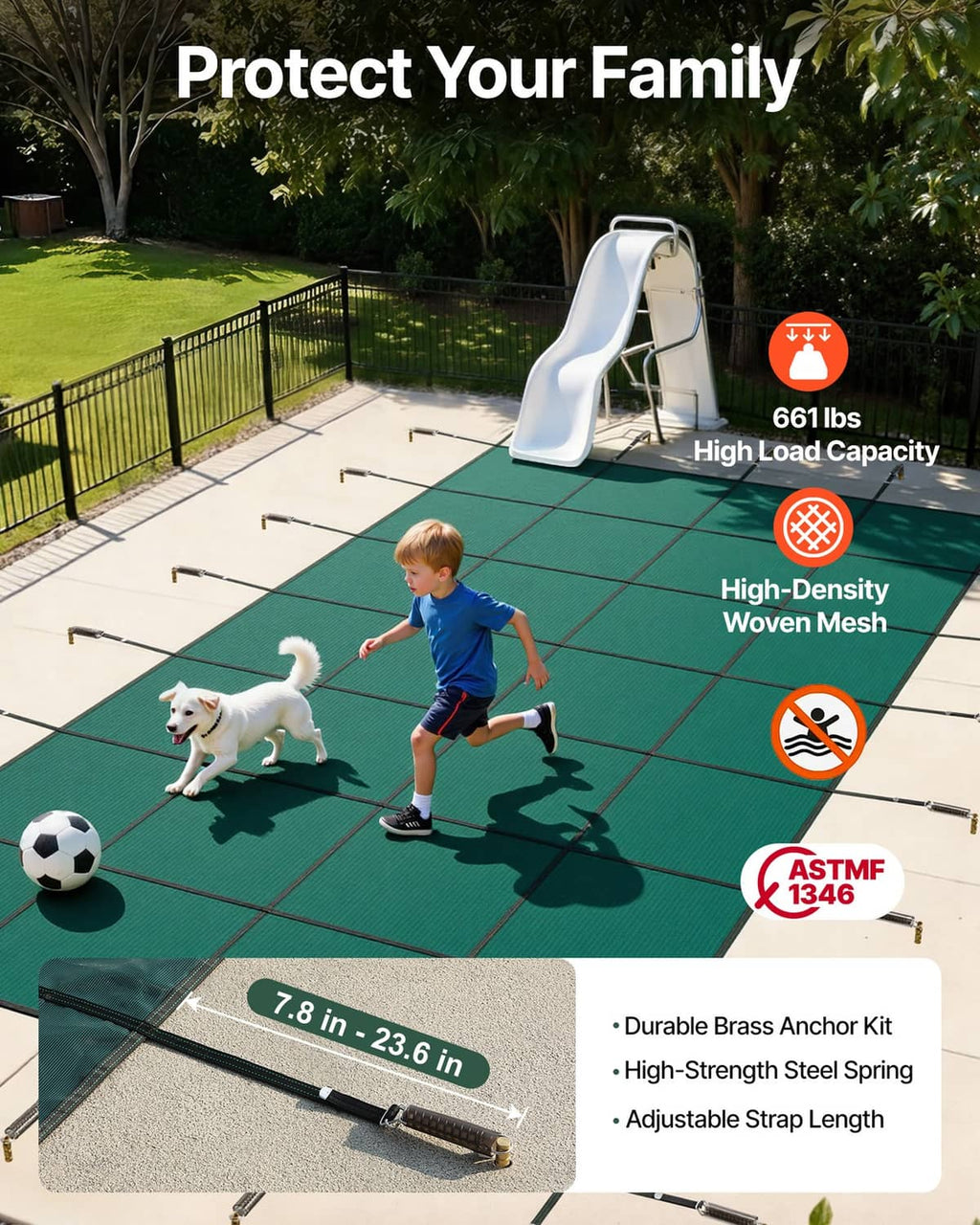Green pool safety cover laid over inground pool with anchor strap system