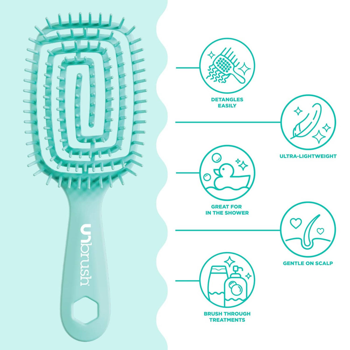 Teal shower detangling hairbrush with U-shaped bristle cushion and lightweight handle