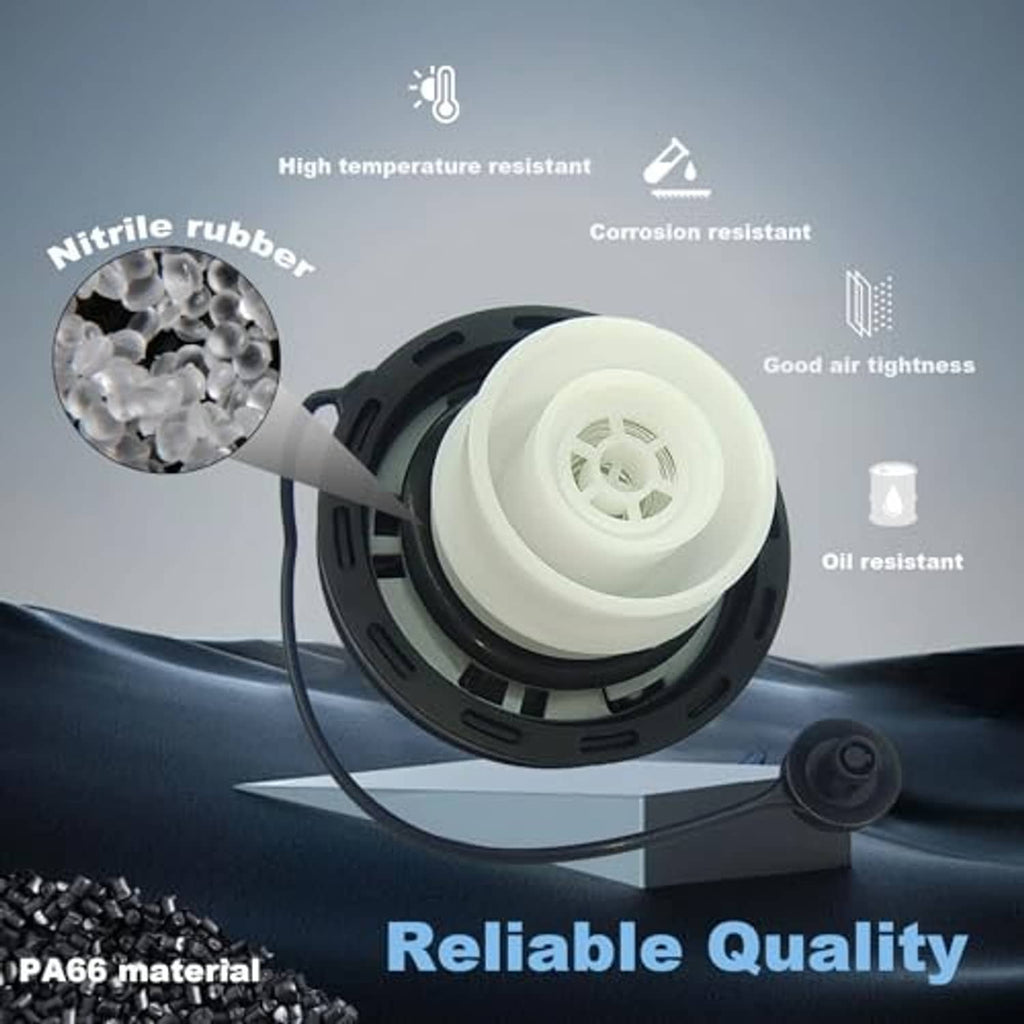 Fuel tank filler cap assembly with black base and white insert, tether cord