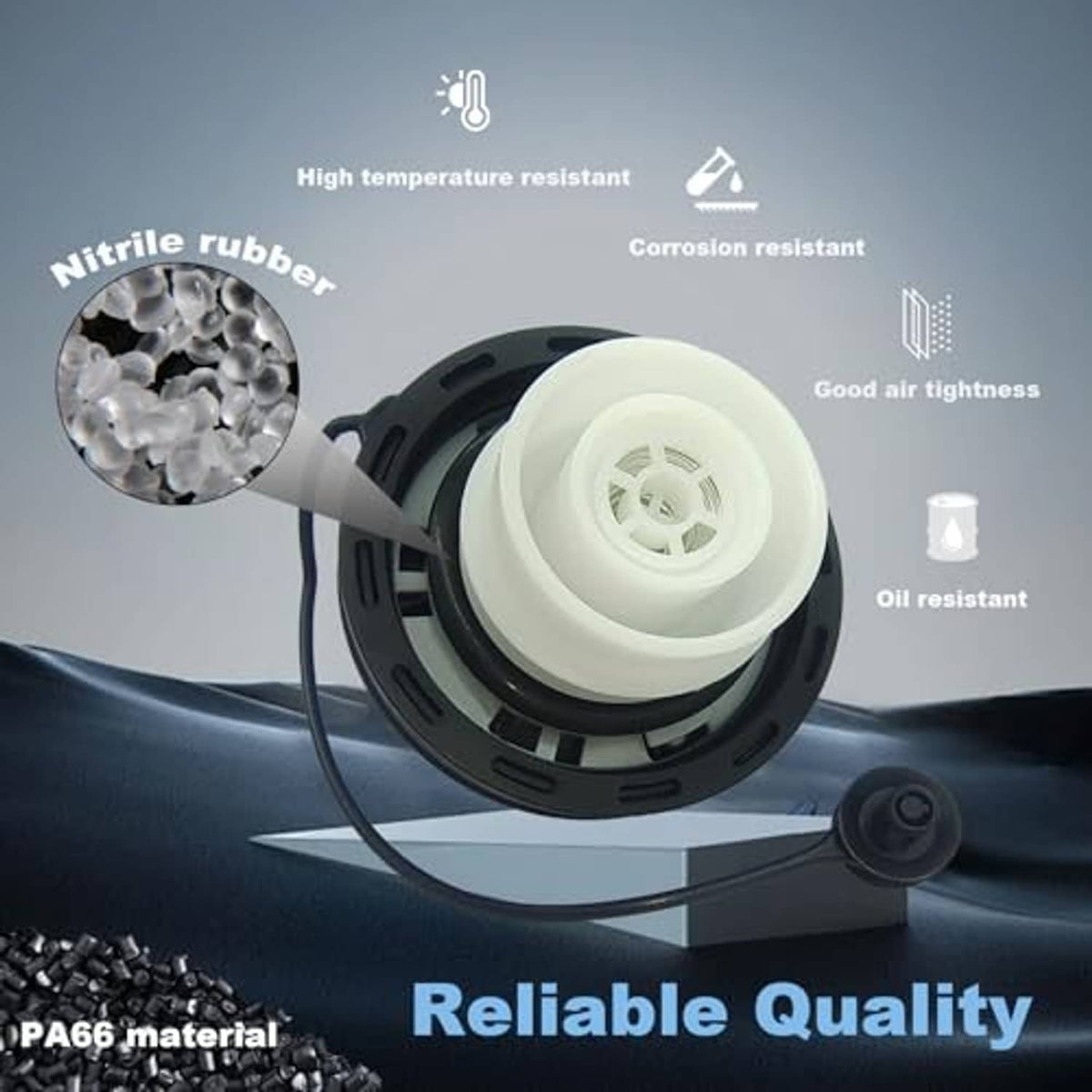 Fuel tank filler cap assembly with black base and white insert, tether cord