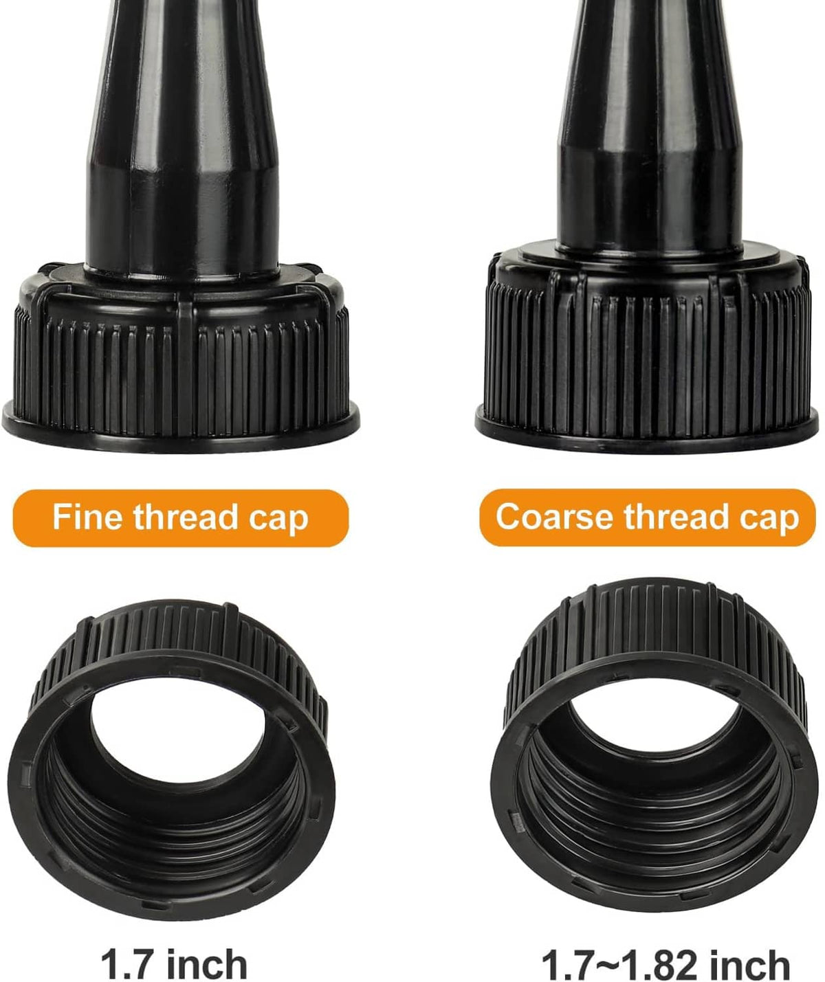 Black gas can vent caps showing fine-thread and coarse-thread openings
