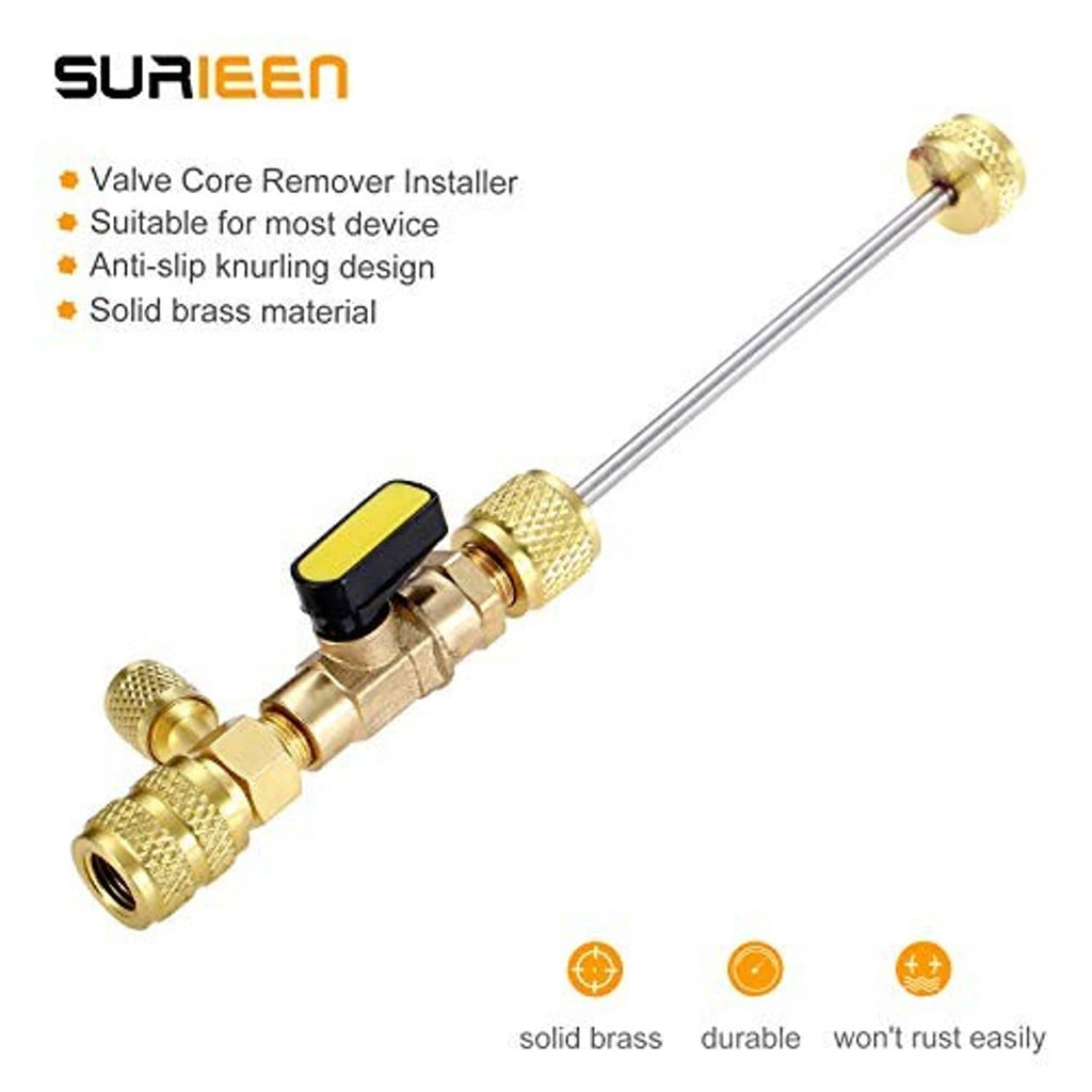 Brass valve core remover installer tool with anti-slip yellow lever and long handle