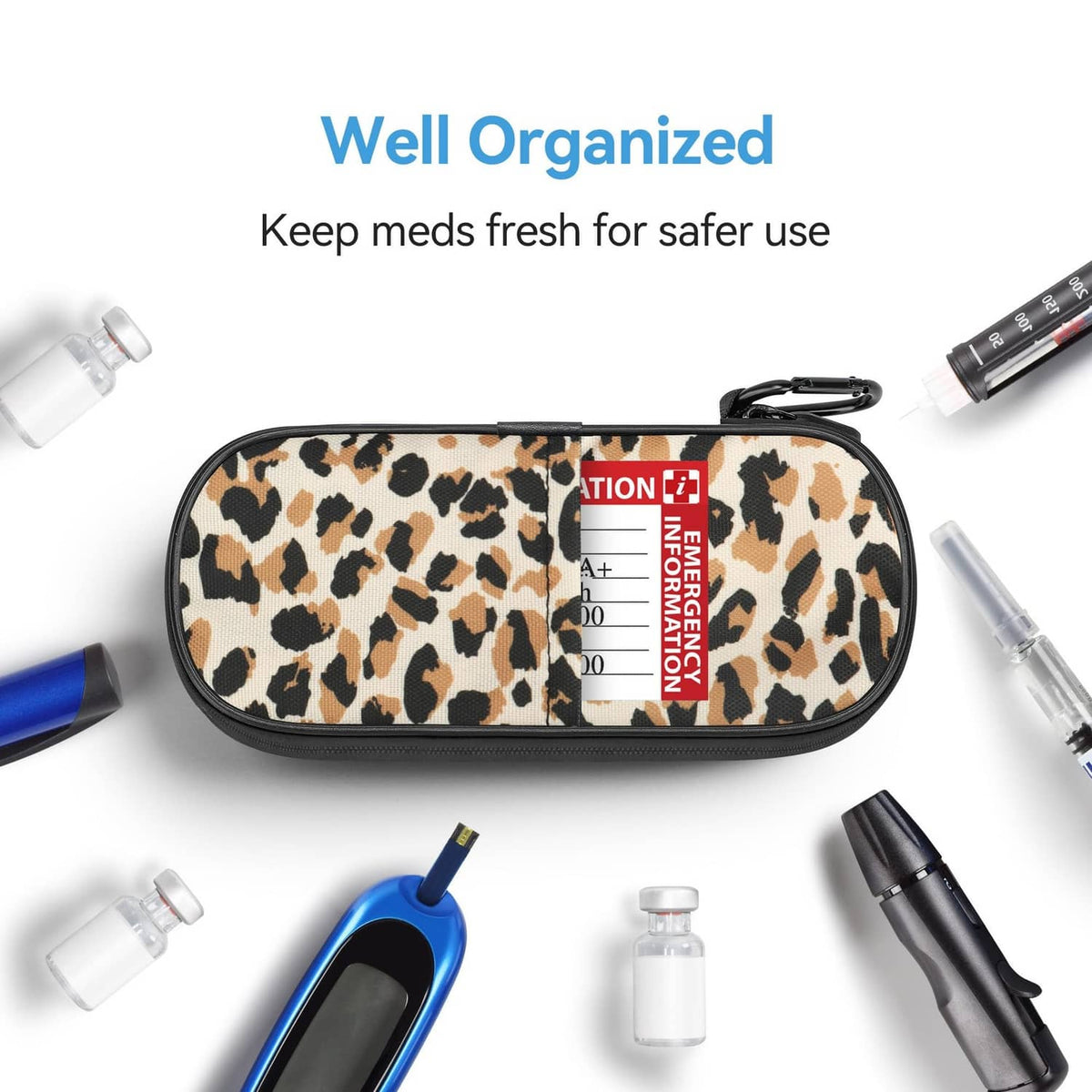 Leopard print zippered insulin cooler case with interior compartment divider