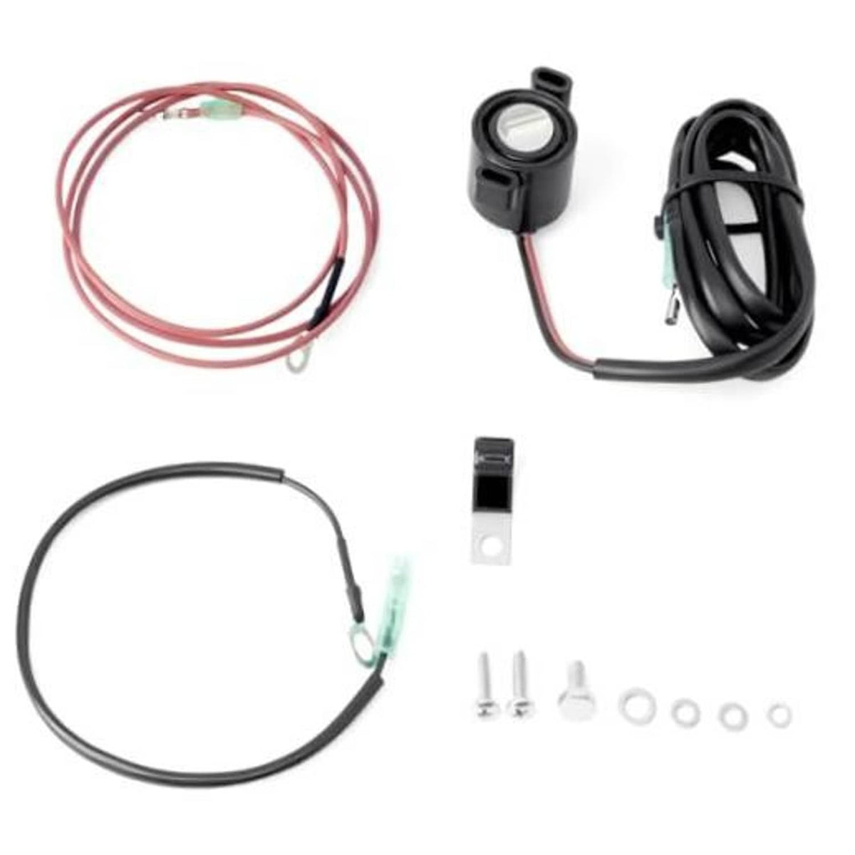 Starboard trim sender kit with wiring harness, sensor, and mounting hardware, in black/red